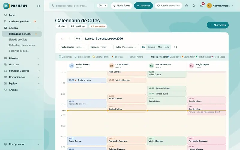 Calendario de citas de Pranarp con espacios y profesionales