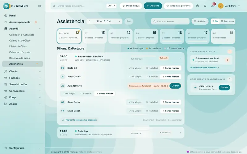 Control d’assistència de les classes d’avui amb els alumnes de cada sessió i els cobraments pendents