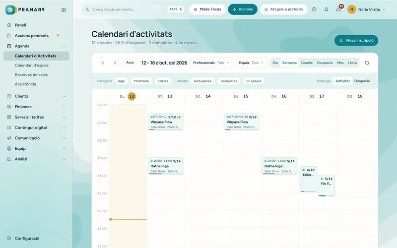 Calendari de Pranarp amb sessions, aforament i llista d’espera