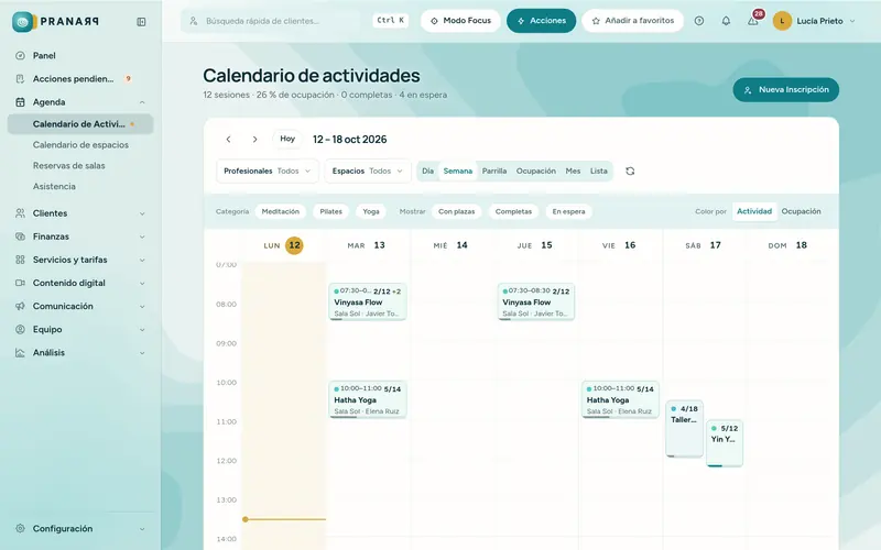 Calendario de Pranarp con sesiones, aforo y lista de espera