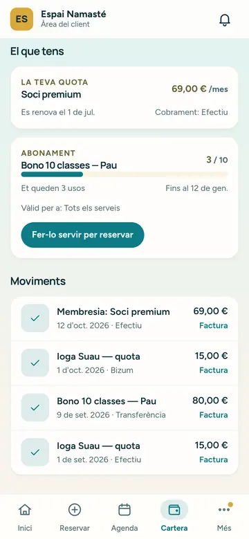 El client veu el seu historial de pagaments des del portal, sense haver de demanar res a recepció.
