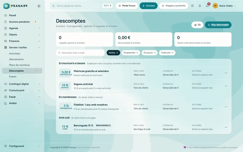 Les promocions del centre en un sol lloc: matrícula gratuïta, descompte en la segona activitat, fidelitat i codi de cupó.