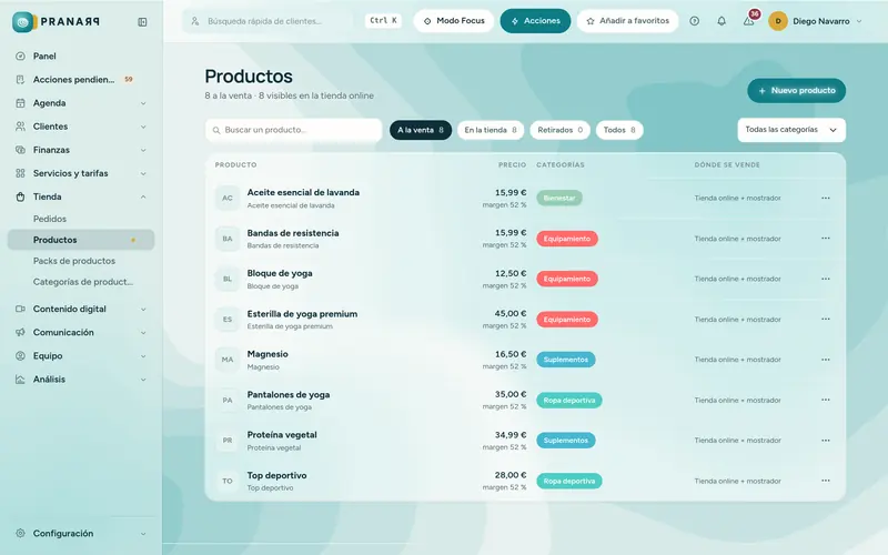 El catálogo de productos con el precio, el margen, la categoría y dónde se vende cada uno.