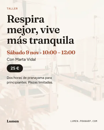 Post de un taller de respiración el sábado de 10:00 a 12:00, 25 €, con foto de fondo.