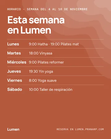 Post con el horario de la semana de un centro de yoga y pilates, día por día.