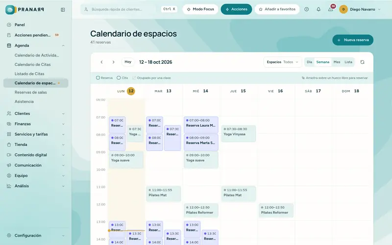 Las salas y espacios con las reservas y las clases de la semana.
